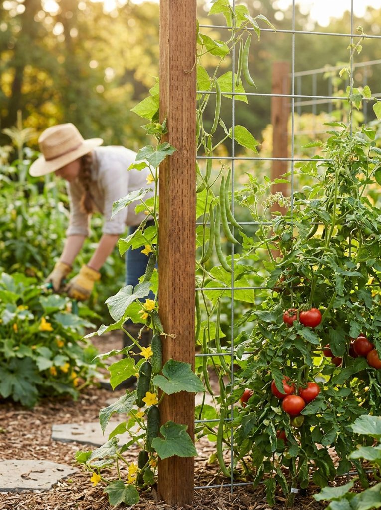  Simple wire and post trellis with wooden posts and horizontal wires supporting climbing vegetable plants in sunny garden