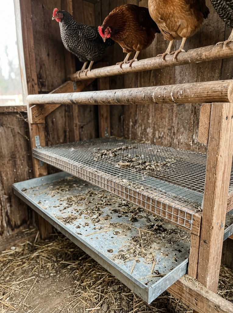 Wire mesh poop shelf below roosting bars allowing droppings to fall through below
