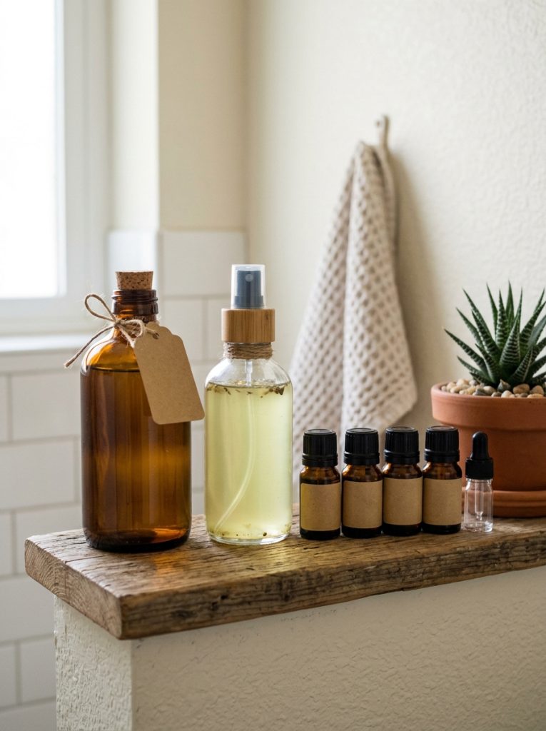 Witch hazel bottle and essential oils beside homemade mosquito repellent spray bottle on shelf