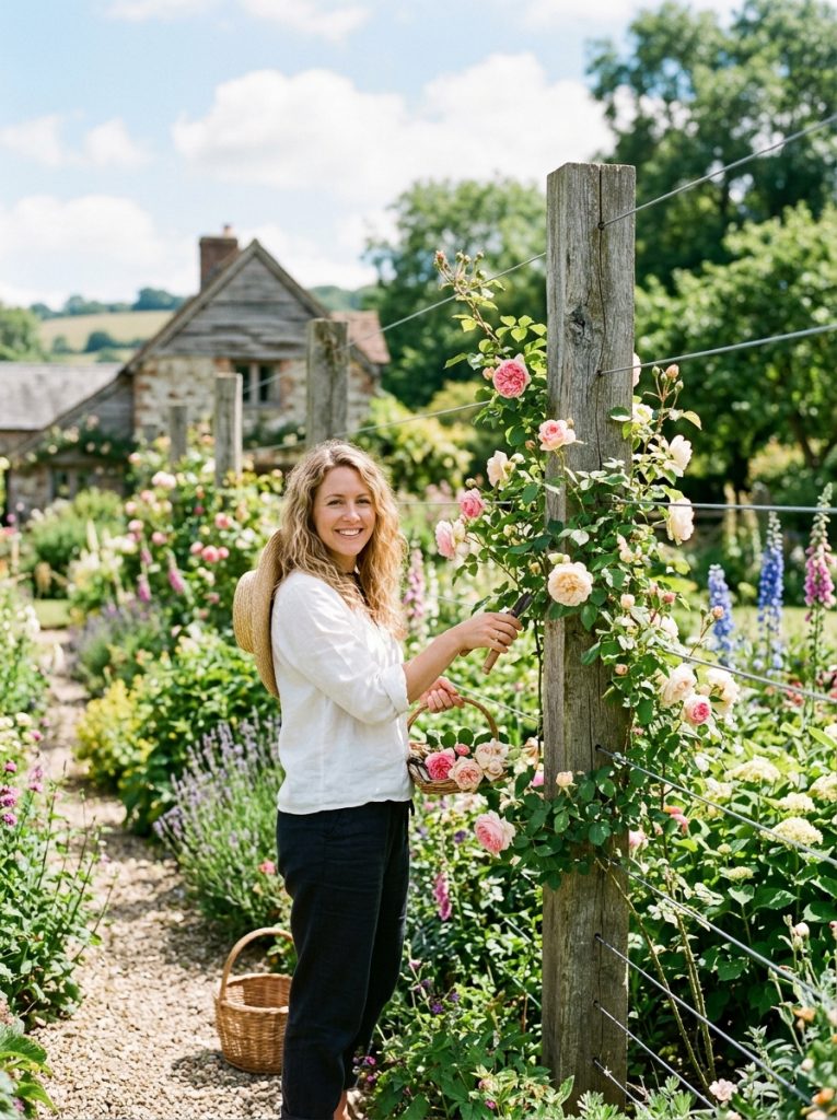 Beautiful wood and wire fence with timber posts horizontal wire and climbing roses in classic rustic sunny farmhouse garden