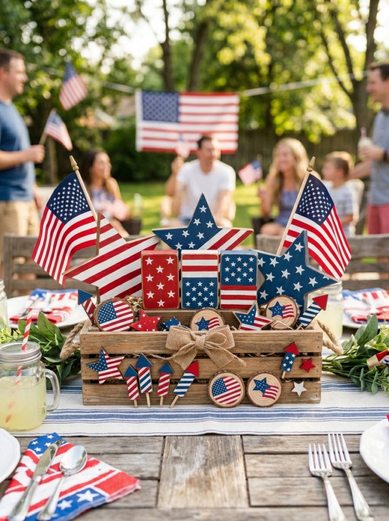 Beautiful 4th of July wood craft table centerpiece with wooden tray filled with block letters wooden stars and wood slice decorations