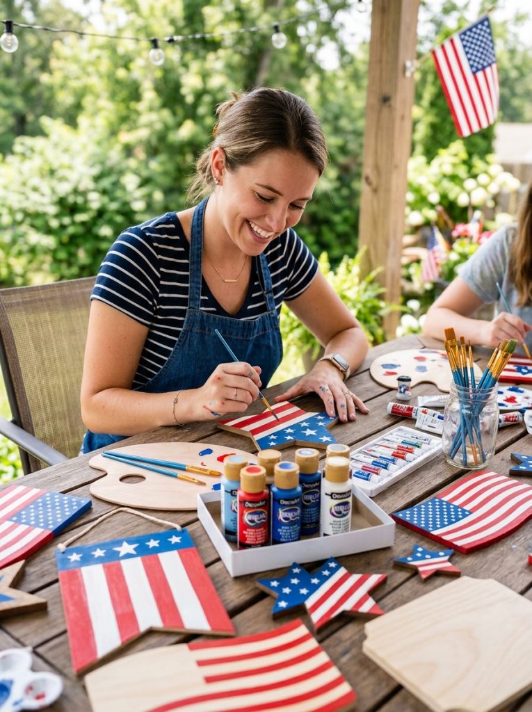 Beautiful 4th of July wood crafts being painted with quality acrylic paint in red white and blue at various stages of completion