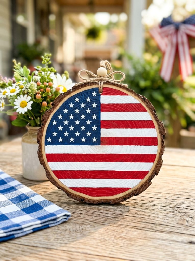 Beautiful wood slice 4th of July wood craft with American flag design painted in red white and blue with natural bark edge