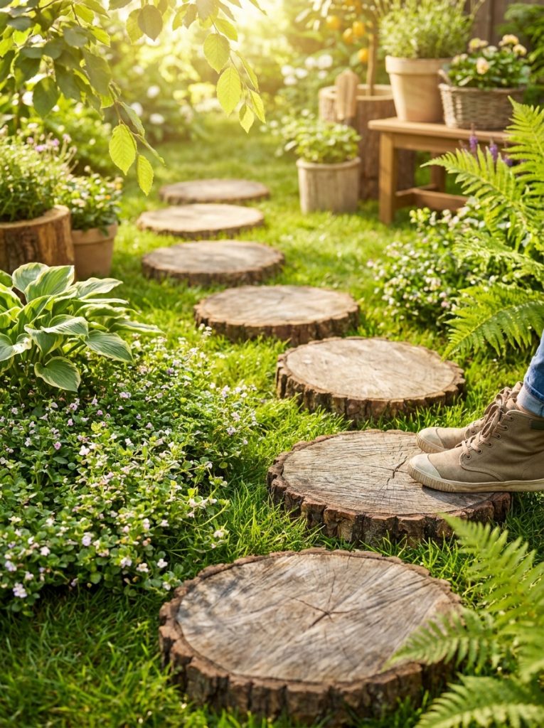 Beautiful rustic wood slice stepping stones as thick tree trunk cross sections through lush green garden
