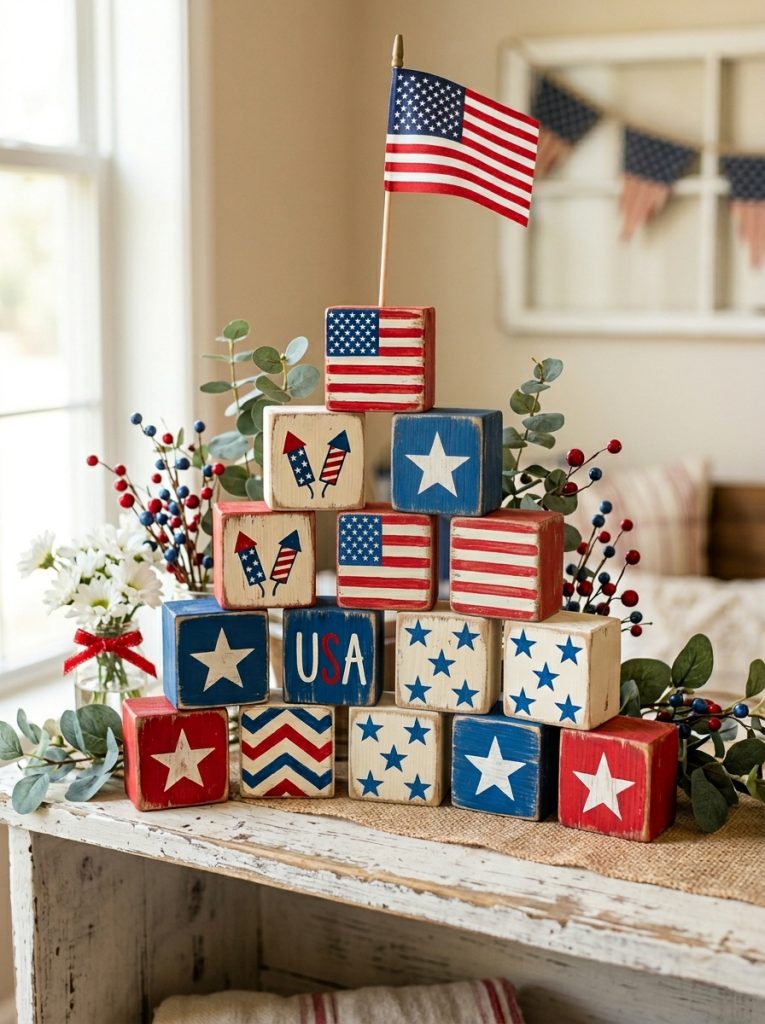 Beautiful patriotic wooden block 4th of July crafts with blocks painted red white blue stars stripes and flags stacked as decoration
