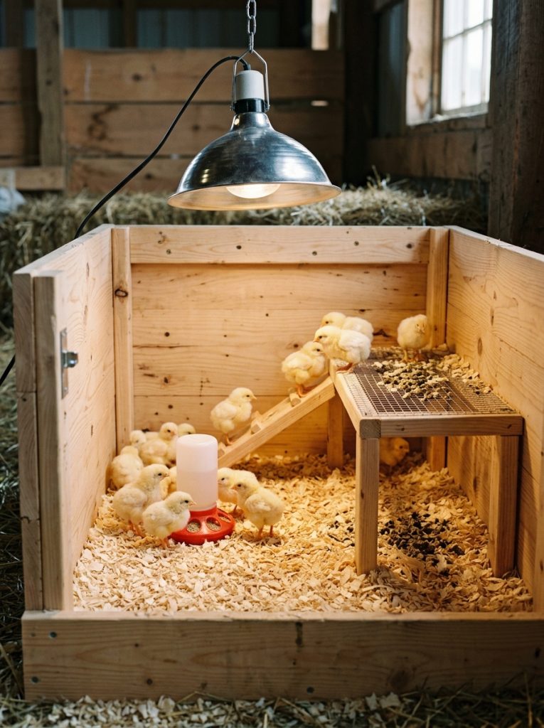 brooder-box-poop-shelf-chicks-setup Alt Text: Clean wooden brooder box with poop shelf and chicks inside under heat lamp