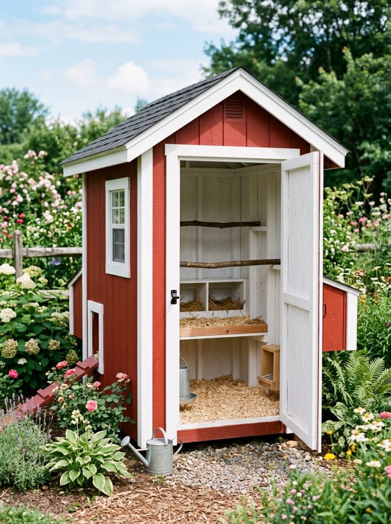 Complete DIY wooden chicken coop with integrated poop shelf visible through open door