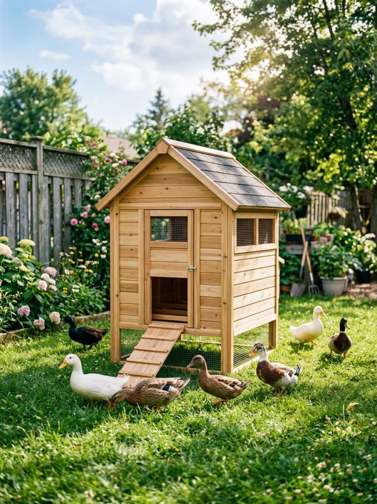 Ready-made wooden duck coop kit assembled in sunny backyard with ducks outside