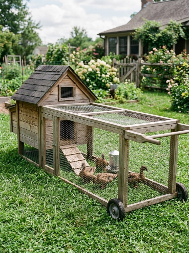 Movable wooden duck tractor enclosure on fresh grass with ducks foraging inside