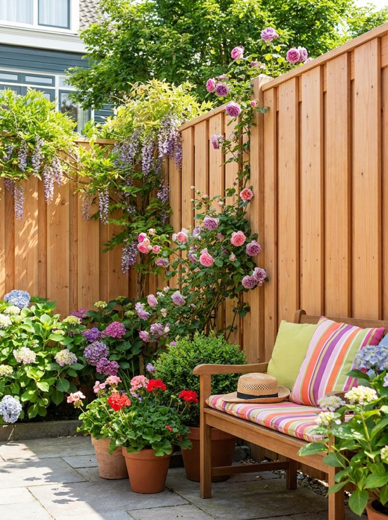 Tall wooden privacy fence panels creating complete private outdoor space with flowering plants in sunny backyard Pin Title: Privacy Fence Panels DIY Privacy Fence on a Budget 