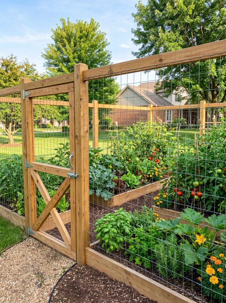 Tall deer proof wooden post and wire mesh fence enclosure around lush vegetable garden
