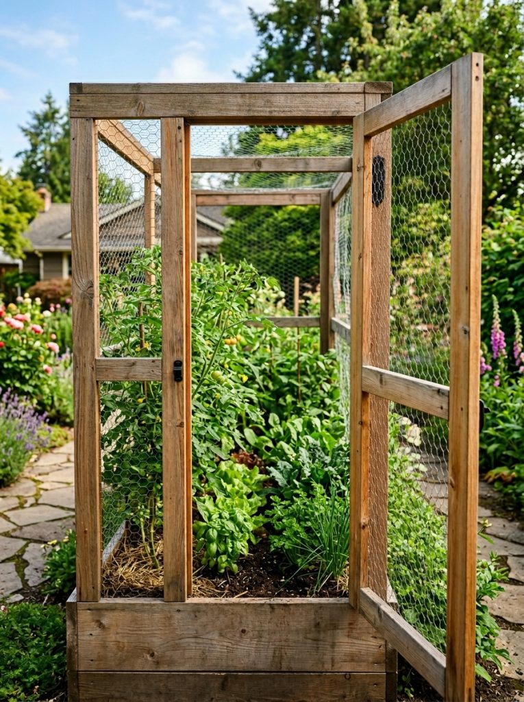 Wooden garden bed enclosure with full height hinged door open showing lush vegetables inside