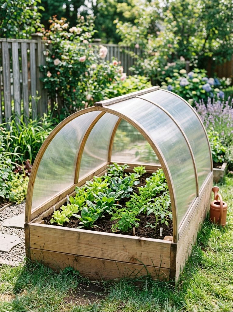 Wooden raised garden bed with clear protective cover frame over green vegetable seedlings