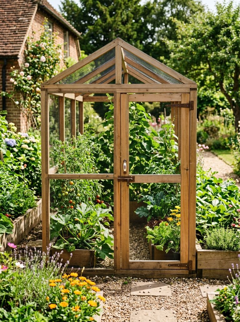 Large walk-in wooden garden enclosure with door surrounded by lush vegetable plants