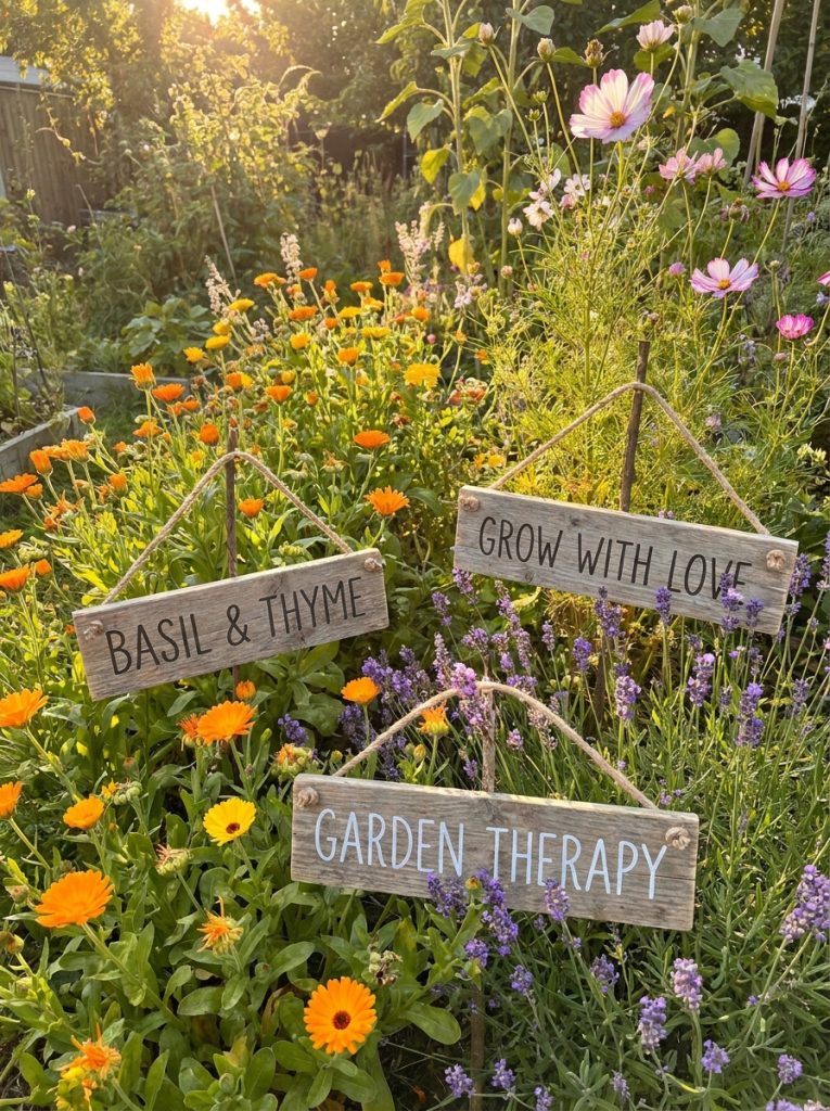 Charming rustic wooden garden signs with hand painted text among flowering plants in sunny backyard