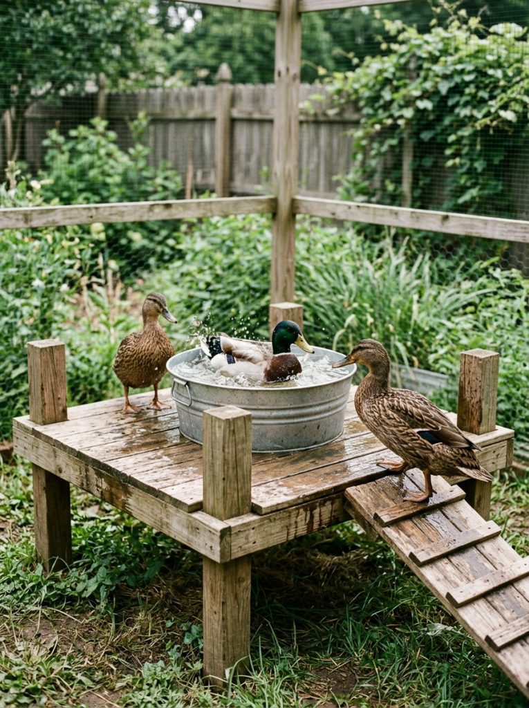 Raised wooden platform with water tub inside duck enclosure for ducks to splash