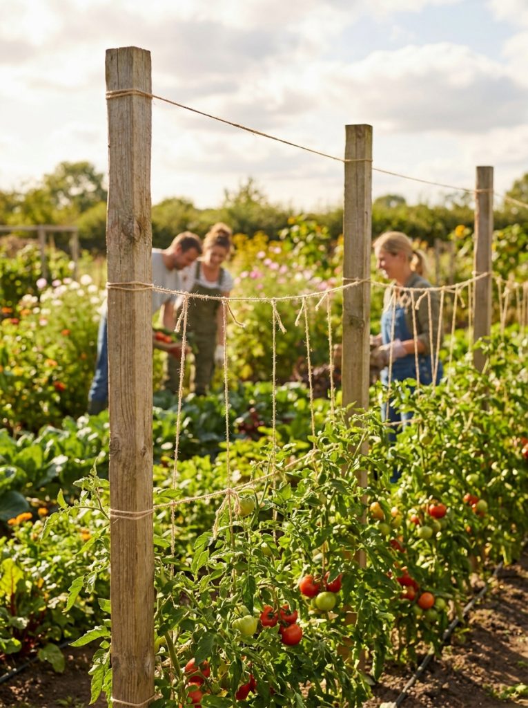 Simple wooden post tomato trellis with horizontal wire and twine creating effective support row with tomato plants tied at intervals