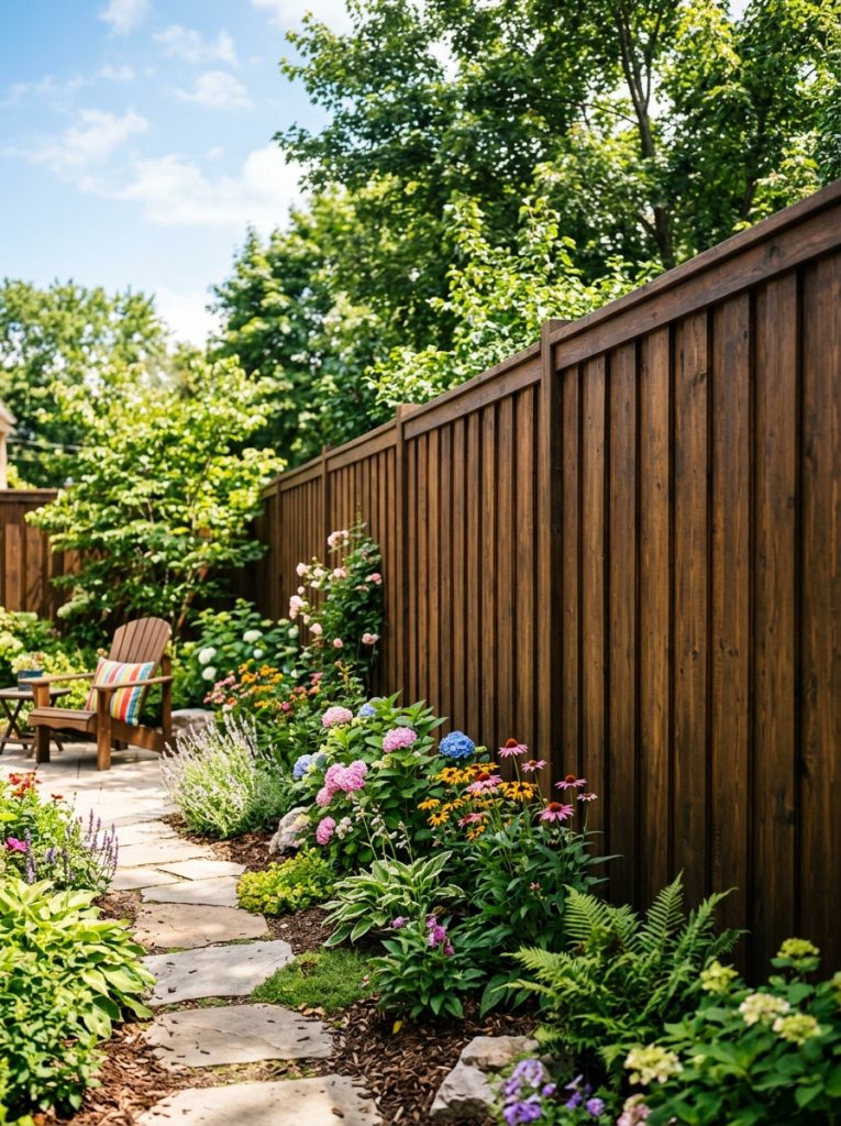 Beautiful wooden privacy fence with natural timber panels stained dark warm tone and plants alongside in sunny backyard