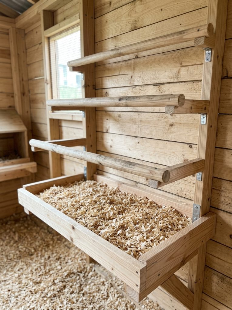 Wooden roosting bar kit with built-in poop tray inside clean chicken coop