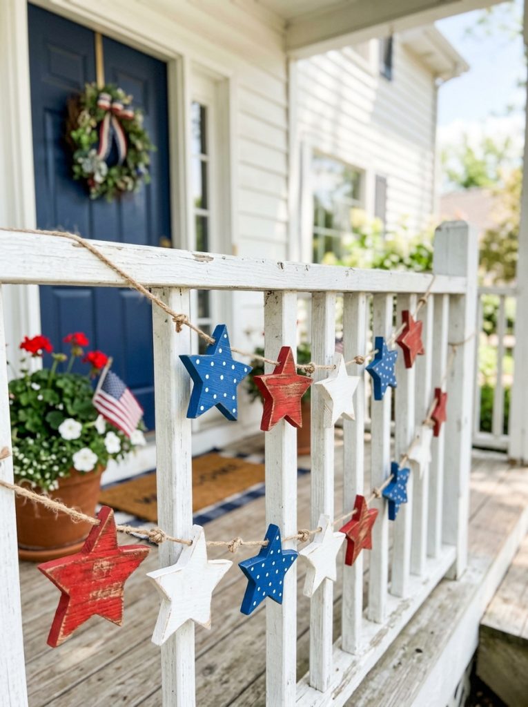 Beautiful 4th of July wooden star garland with red white blue painted stars on natural twine draped across porch railing