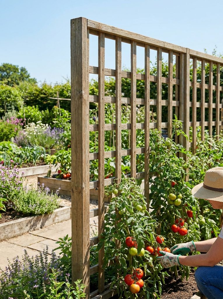  Beautiful wooden tomato trellis panel with sturdy lattice supporting healthy productive tomato plants in well-maintained vegetable garden 
