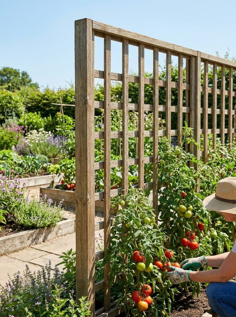 Beautiful wooden tomato trellis panel with sturdy lattice supporting healthy productive tomato plants in well-maintained vegetable garden