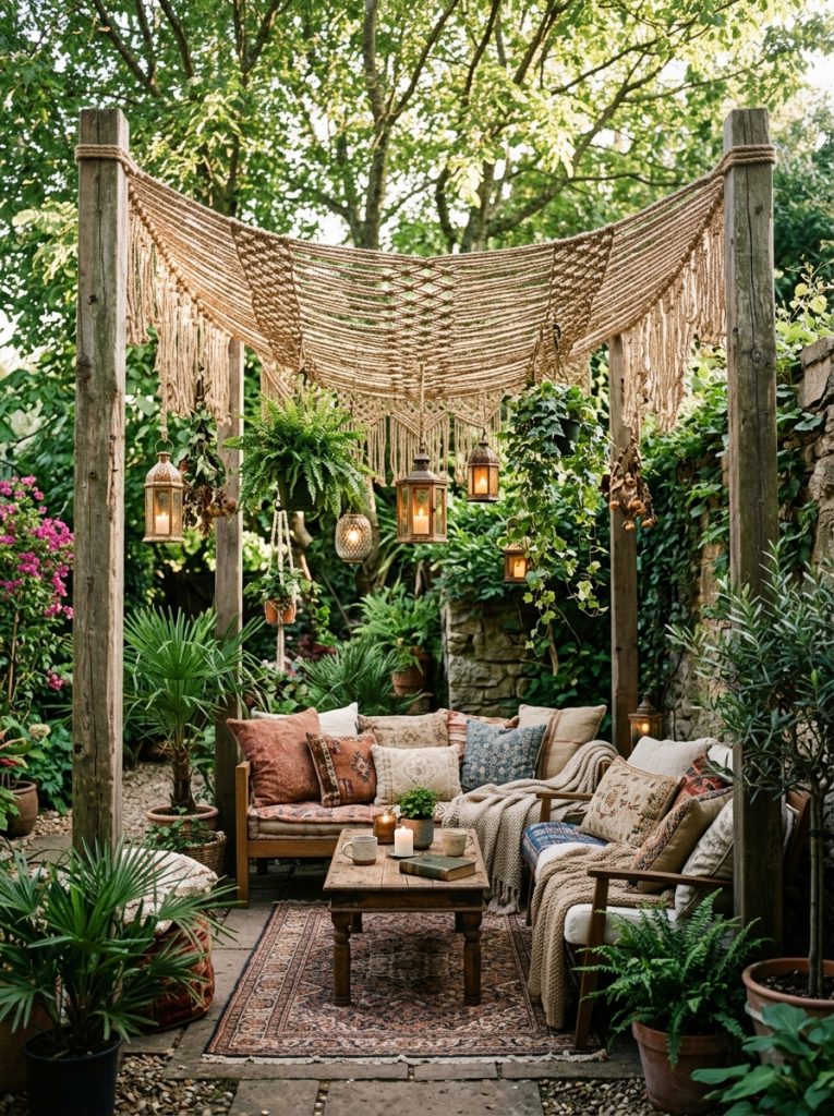 Handmade woven rope canopy over boho outdoor seating area with cushions