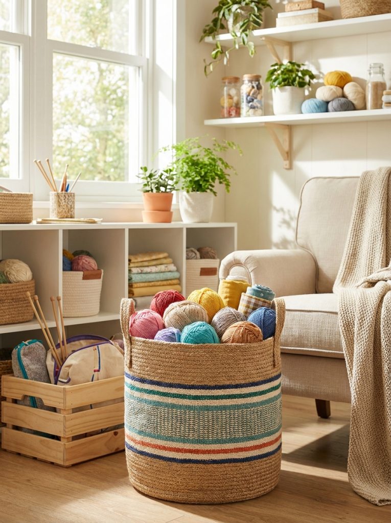Beautiful woven yarn and fabric storage basket with yarn balls and fabric pieces visible from top