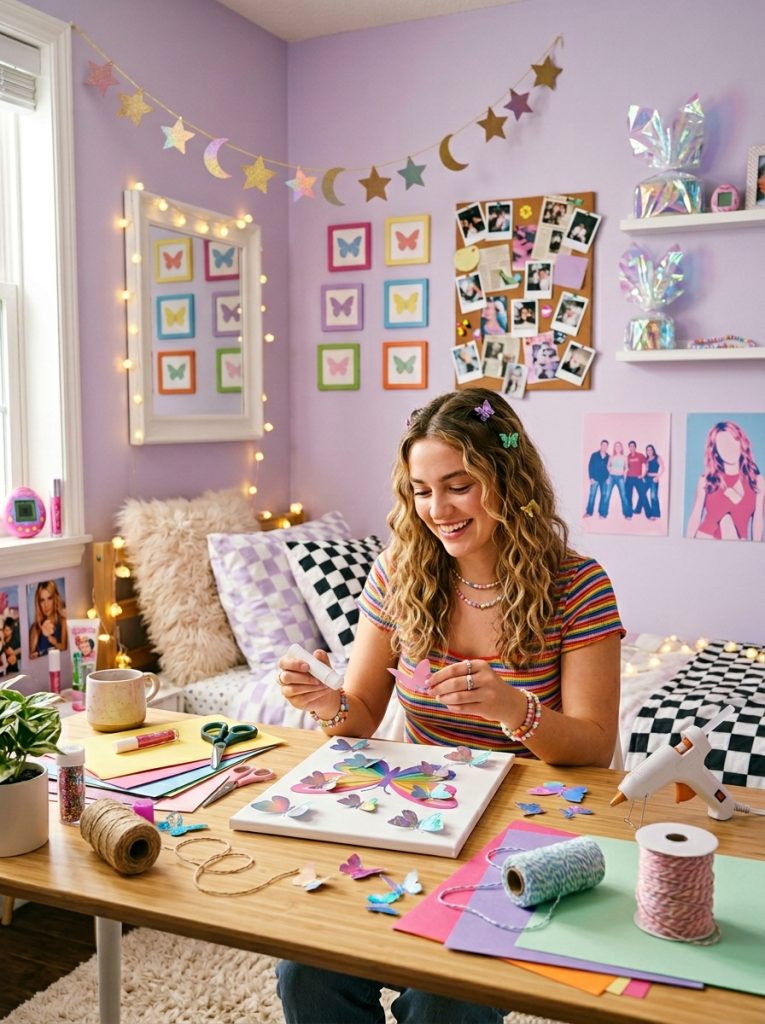 Easy Y2K DIY room decor crafts with simple star garlands butterfly wall art holographic wrapping and photo arrangements