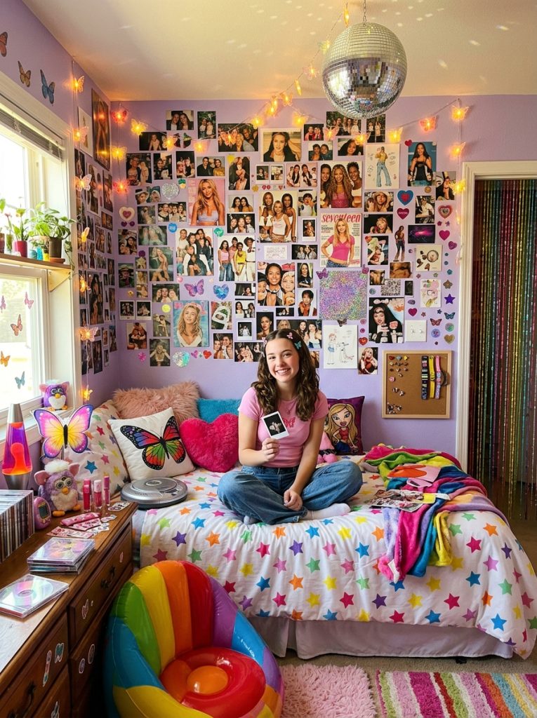 Complete Y2K DIY room decor bedroom with butterfly lights disco ball photo wall holographic stickers beaded curtains and Y2K crafts