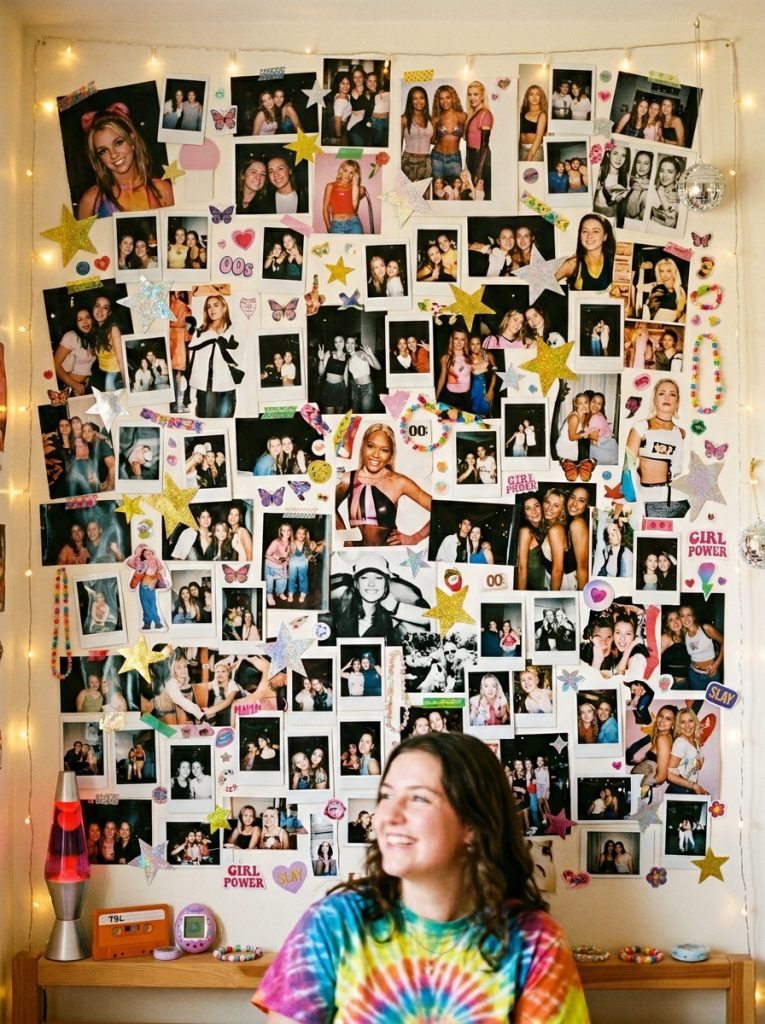 Beautiful Y2K photo wall collage with printed photos polaroids magazine cutouts holographic elements star stickers on bedroom wall