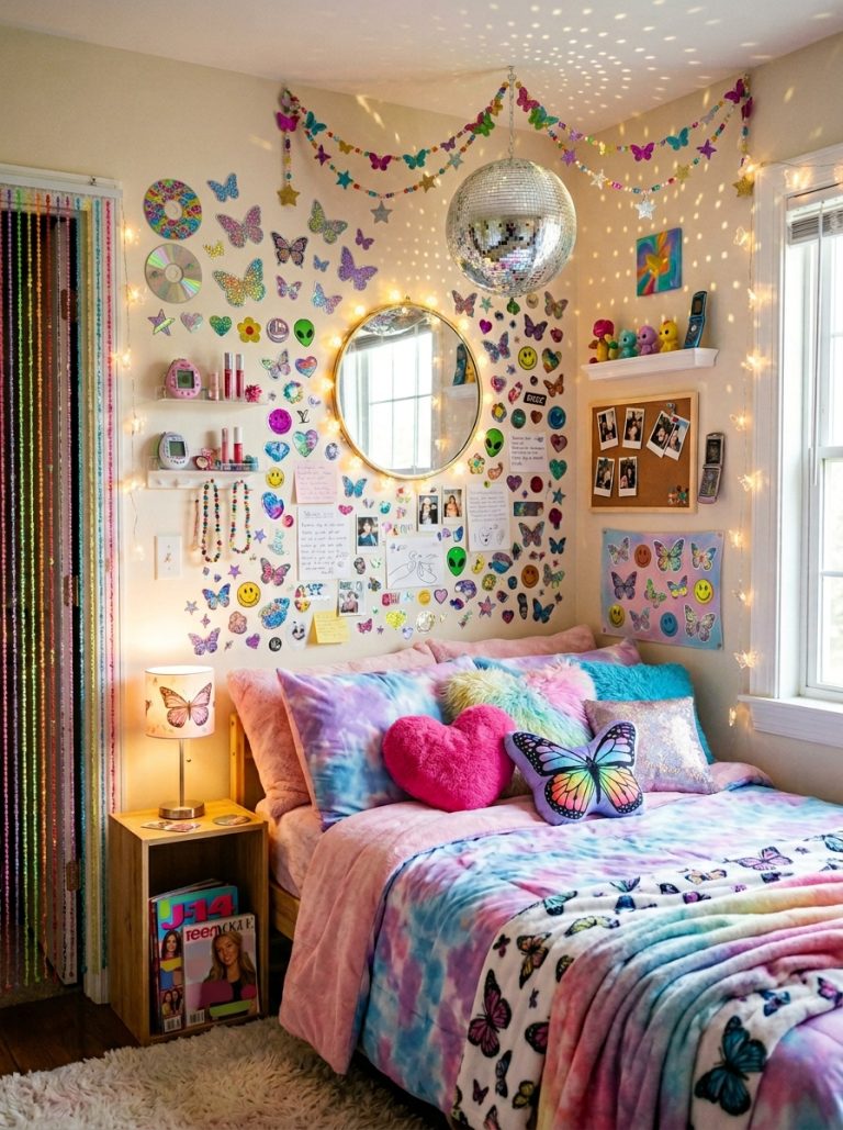 Beautiful Y2K DIY room decor display with butterfly fairy lights disco ball mirror holographic sticker wall beaded curtains in Y2K bedroom