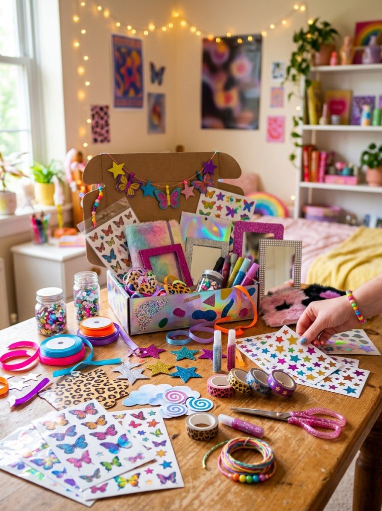 Complete Y2K room decor supplies kit with holographic materials butterfly stickers colorful ribbons star shapes and 2000s decorative elements