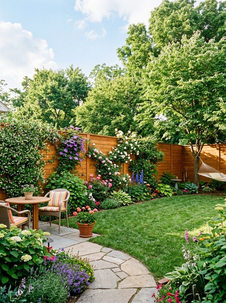 Beautiful complete yard fence creating solid backyard boundary on all sides with climbing plants in sunny enclosed private space