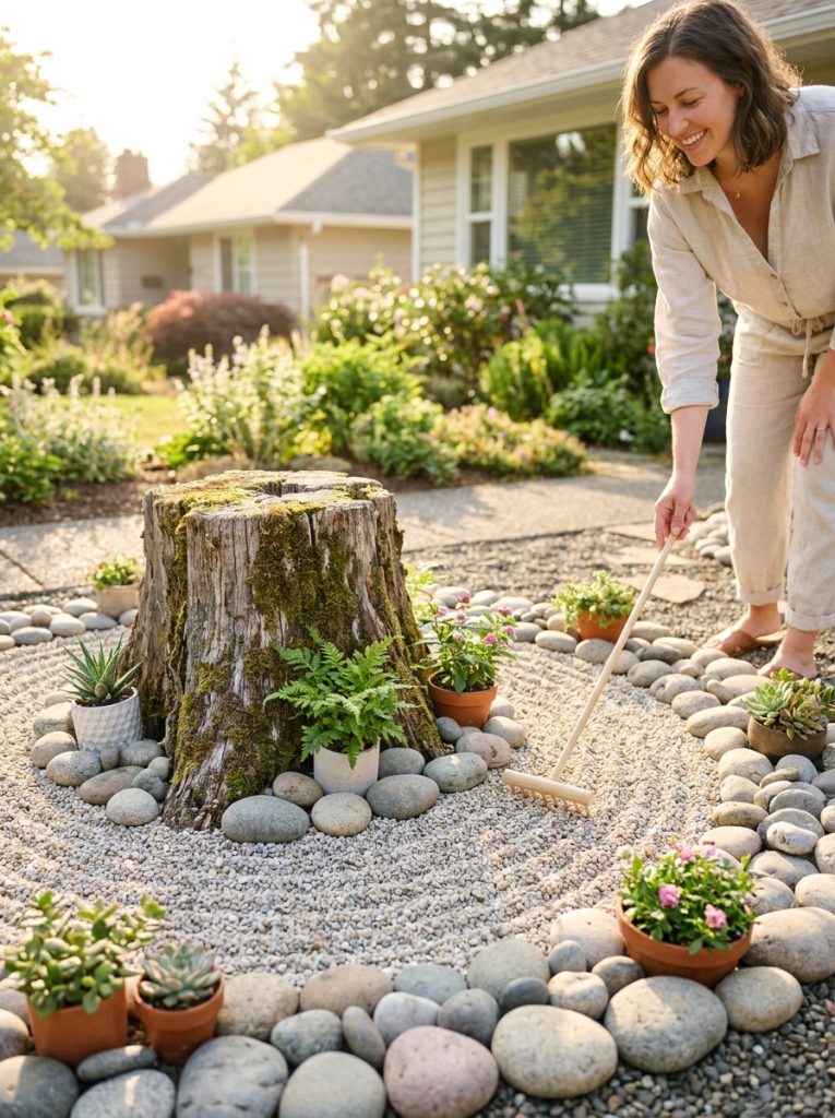 Peaceful zen garden feature built around tree stump with raked gravel smooth rocks and small plants in sunny front yard
