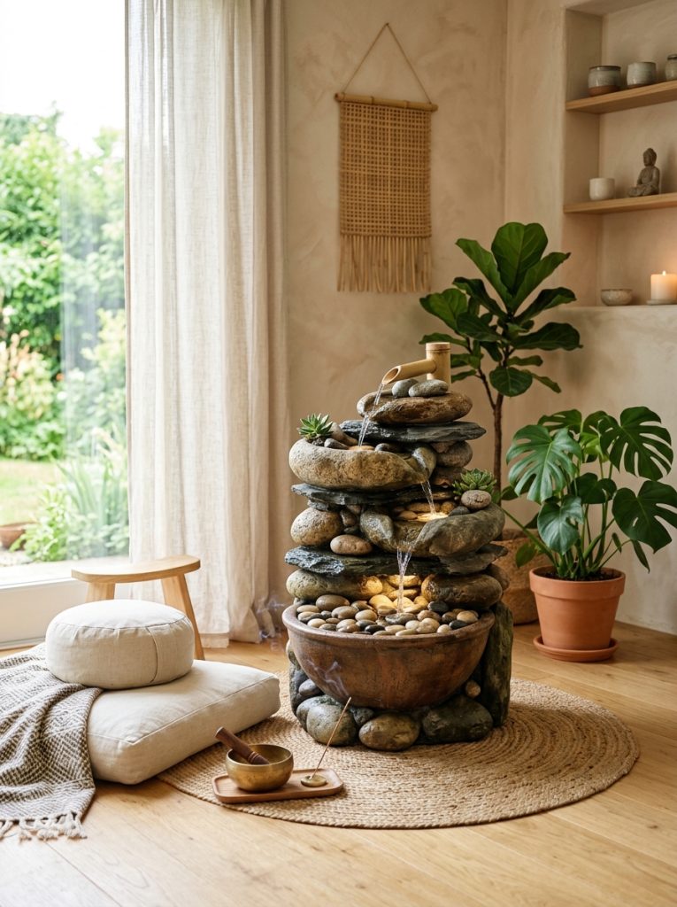 Beautiful zen water fountain in peaceful indoor meditation space with natural stone bamboo accents and gentle flowing water