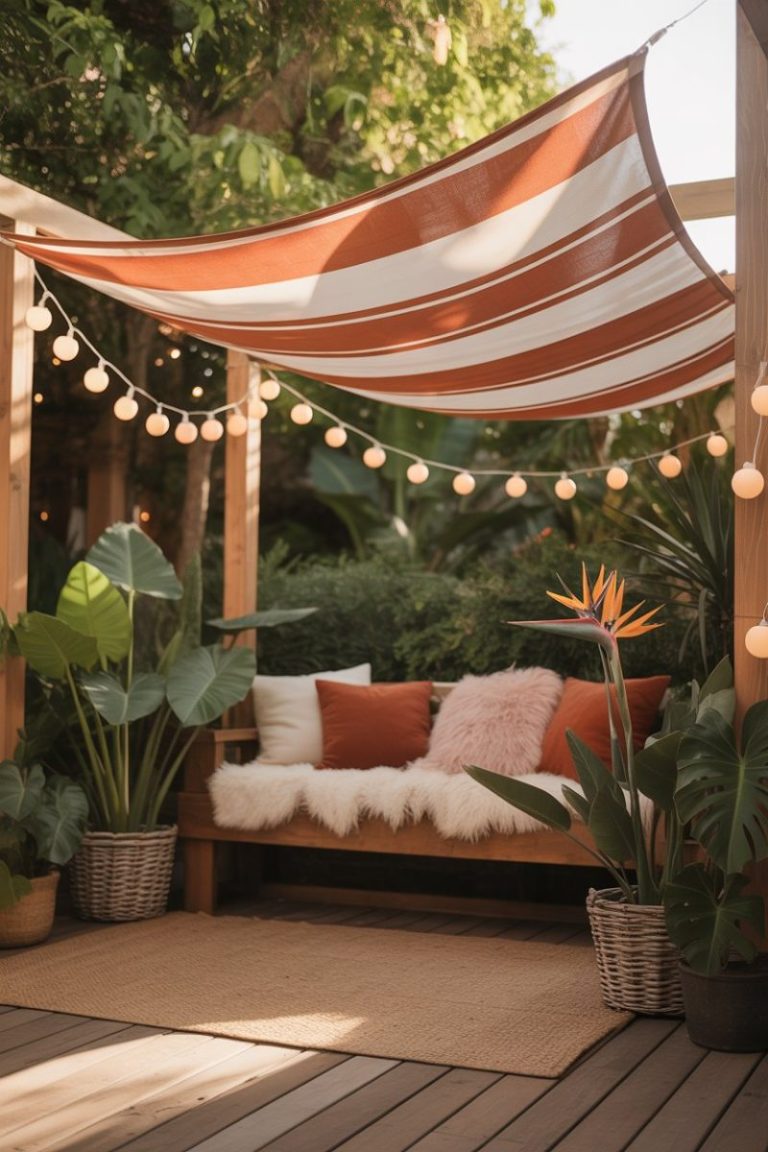 DIY outdoor shade ideas cheap patio backyard with shade sail and plants
