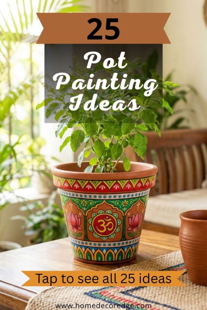Beautifully decorated Tulsi pot painted in traditional Indian style with lotus flowers and om symbol