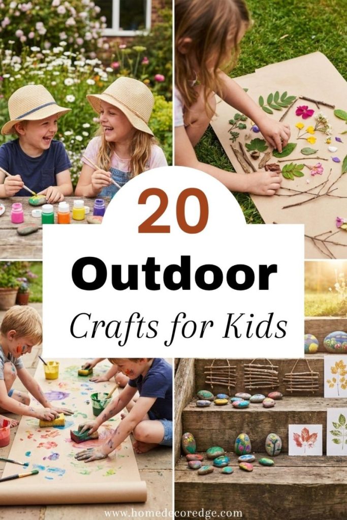 Four outdoor crafts for kids including rock painting nature collage messy paint printing and garden craft display