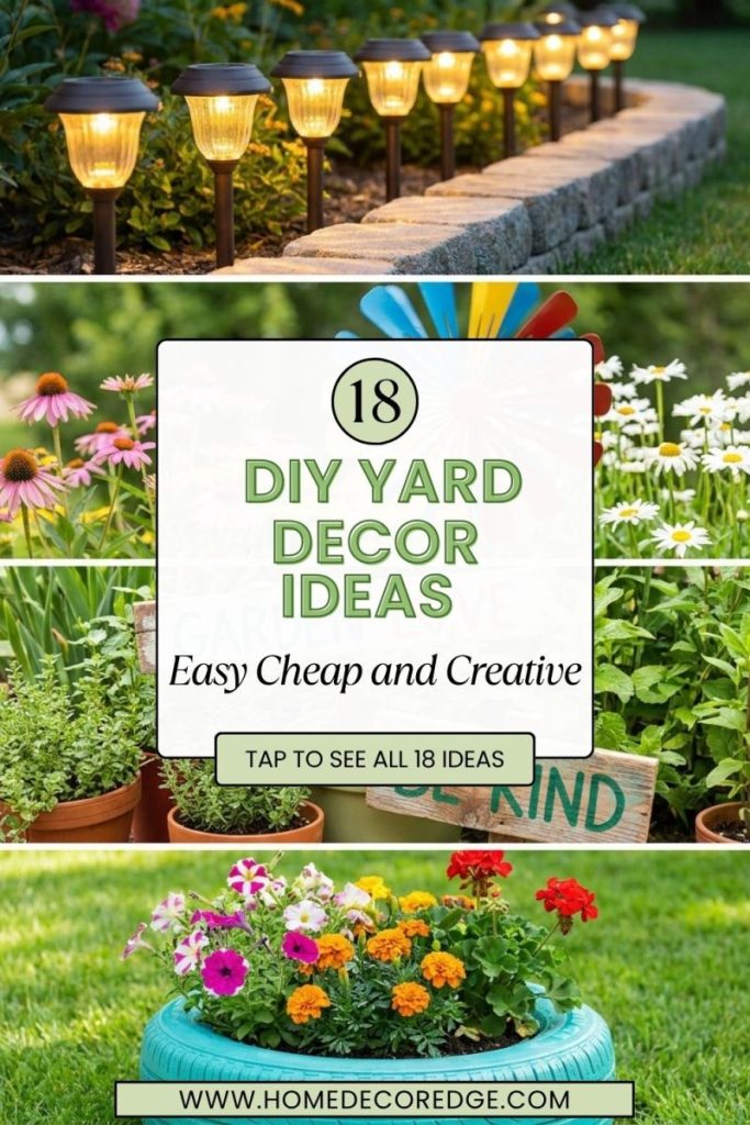 Four DIY yard decor ideas including solar lights wind spinner wooden signs and colorful tire planters