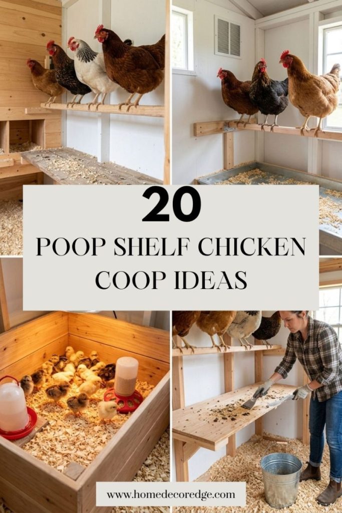 DIY poop shelf chicken coop ideas with roosting bars and clean coop setup