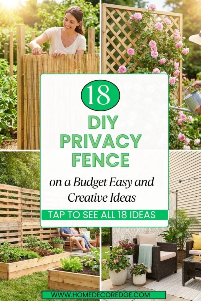 Four DIY privacy fence on a budget ideas including bamboo roll lattice pallet wood and patio privacy screen