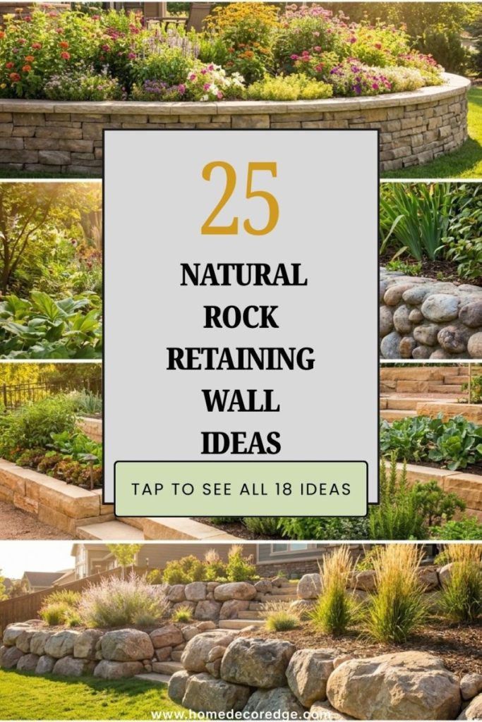 Four natural rock retaining wall ideas including stacked stone curved river rock sandstone tiered and boulder slope wall