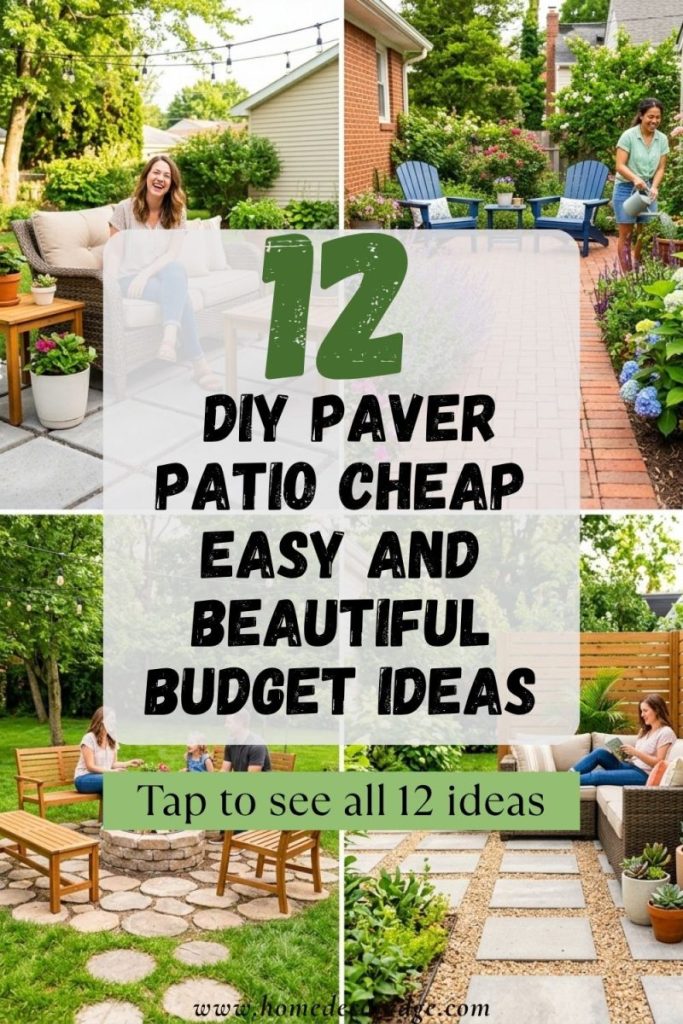 Four DIY paver patio cheap ideas including concrete block brick paver round stepping stone and pea gravel combination