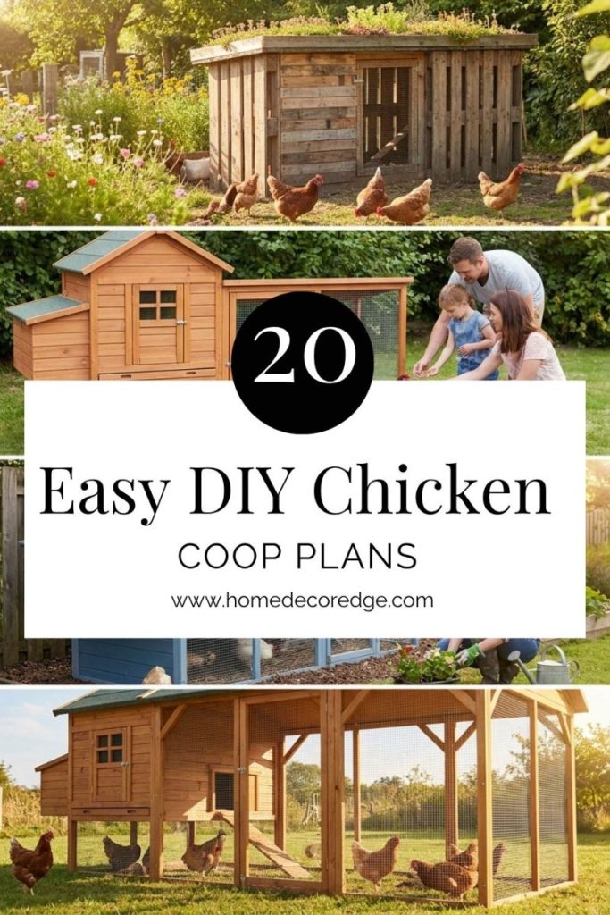 Four easy DIY chicken coop plans in sunny backyards showing different sizes and styles