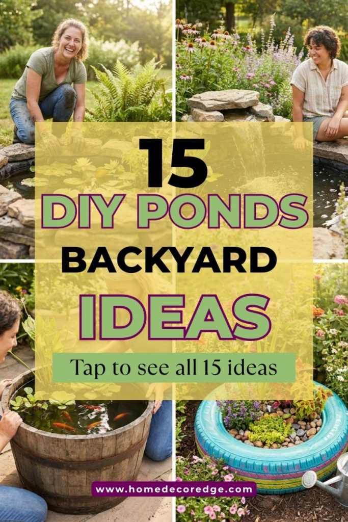 Four DIY backyard pond ideas including natural rock pond waterfall feature above ground container and tire pond