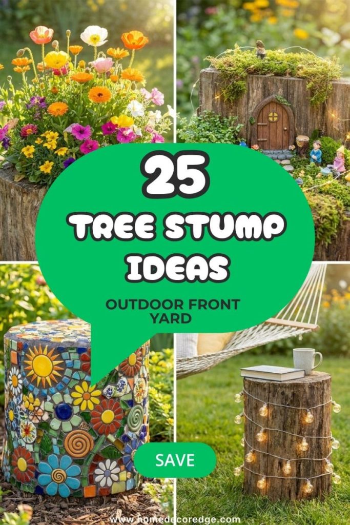 Four creative tree stump ideas including flower planter fairy garden mosaic art and side table with solar lights