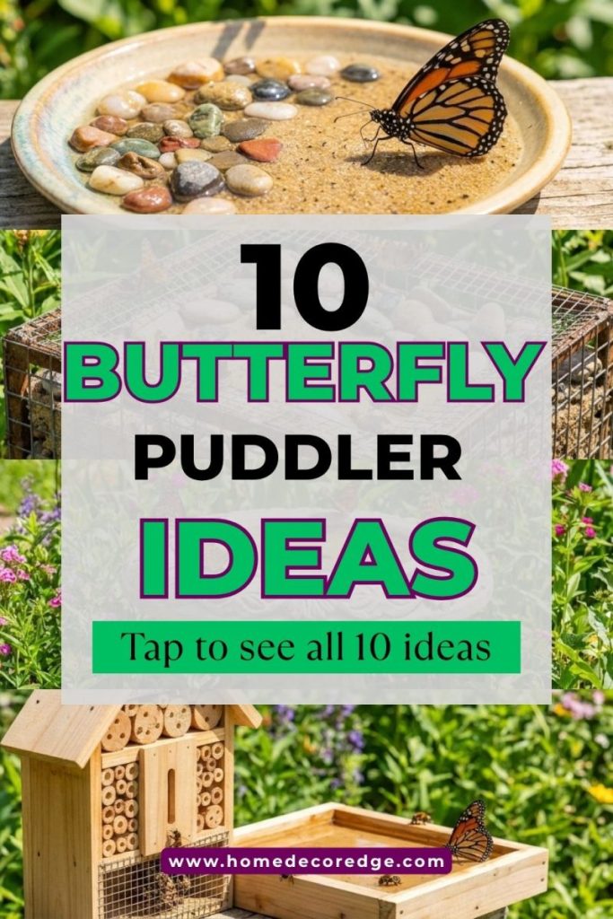 Four butterfly puddler DIY ideas including ceramic dish pebbles wire mesh puddler stone garden and bee butterfly station
