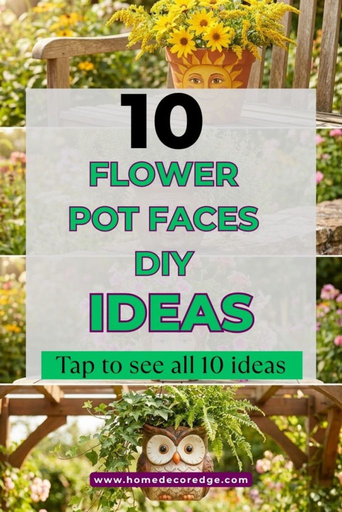 Four flower pot faces DIY including smiling sun with yellow flowers funny old man with herbs beautiful lady with pink flowers and owl with trailing plants