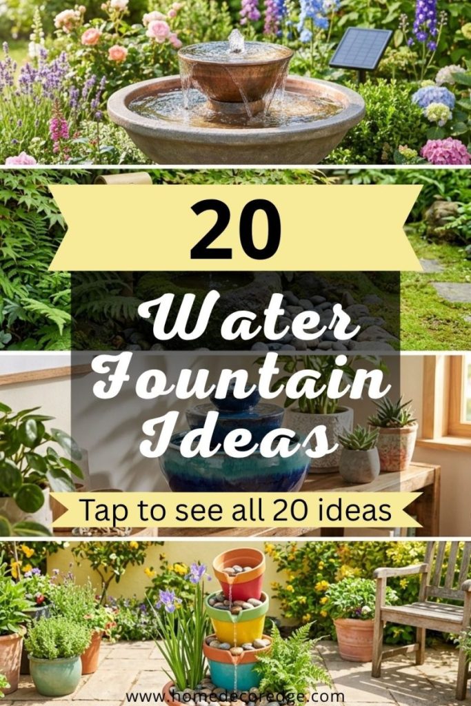 Four water fountain ideas including solar garden fountain bamboo zen fountain elegant ceramic tabletop and creative DIY flower pot patio